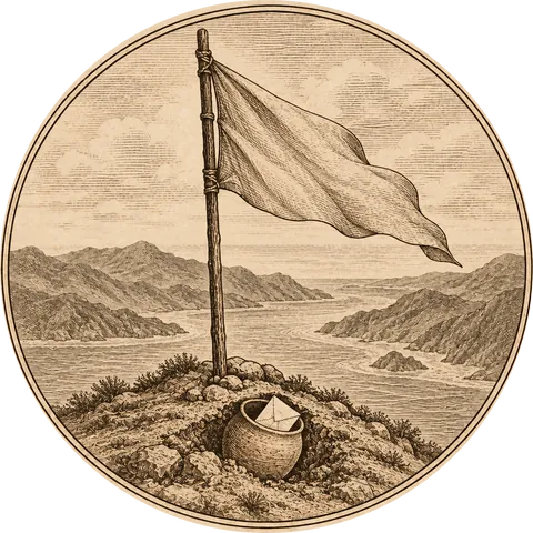 The Banner and the Buried Letter: A banner on a tall pole planted on a bare hilltop above a winding sea channel between mountains, a clay pot half buried at its foot with a folded letter showing inside