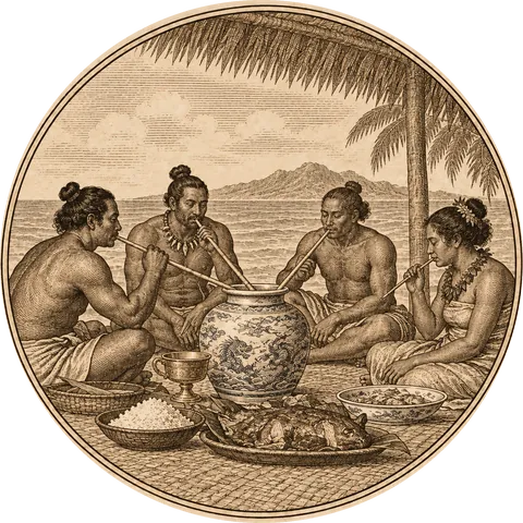 The Banquet Cup: A feast on a woven mat under the edge of a palm-thatched roof: a large porcelain jar of palm wine with drinking reeds in it, a gold cup, porcelain dishes of rice and roast pork