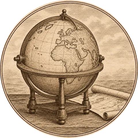 Behaim’s Map: A globe from 1492 on a wooden stand, showing Europe, Africa and Asia with open ocean where the Americas should be, a rolled chart beside it