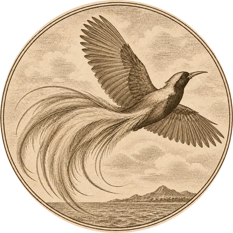 Birds of God: A bird of paradise with long flowing plumes and no feet, floating in the air, the way 16th-century Europeans imagined it
