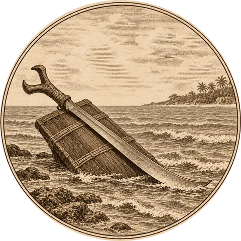 Lapulapu’s Blade: A kampilan, the long single-edged Visayan sword with a forked hilt, lying across a wooden shield in the shallows at Mactan, small waves lapping at it