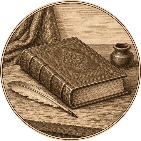 Pigafetta’s Book: A 16th-century handwritten book bound in leather with tooled decoration, lying closed on a table beside a quill