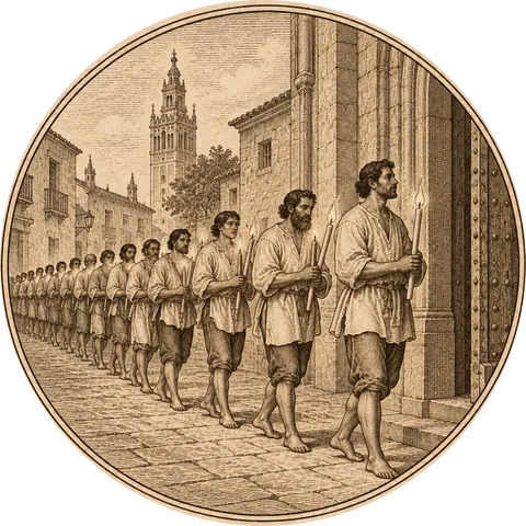 Eighteen Candles: A line of barefoot men in plain shirts walking through a street in Seville, each holding a lit candle, heading for a church door