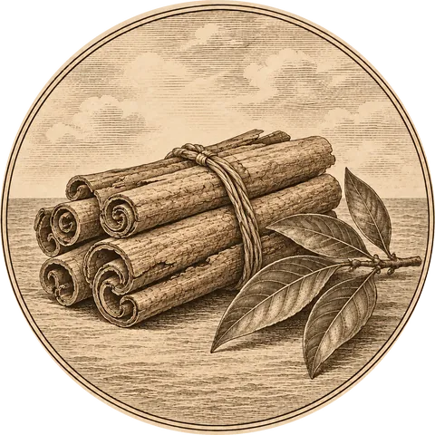 Sweet Wood: A bundle of rolled cinnamon bark tied with cord, beside a cinnamon branch with leaves