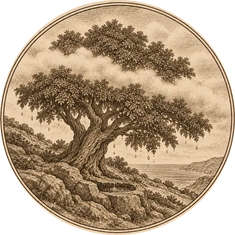 The Cloud Tree: The Garoé, the holy tree of El Hierro in the Canary Islands: a broad, gnarled evergreen on a rocky slope with a low cloud wrapped around its crown, water dripping from its leaves into a basin cut in the rock below
