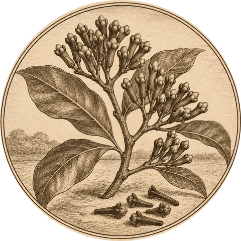 A Clove: A branch of a clove tree with clusters of flower buds, a few dried cloves (small nail shapes) scattered below