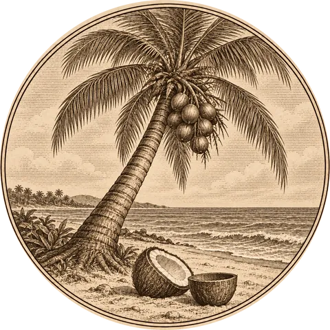 The Coconut Palm: A coconut palm heavy with nuts on a beach, a split coconut and a coconut-shell cup in the foreground