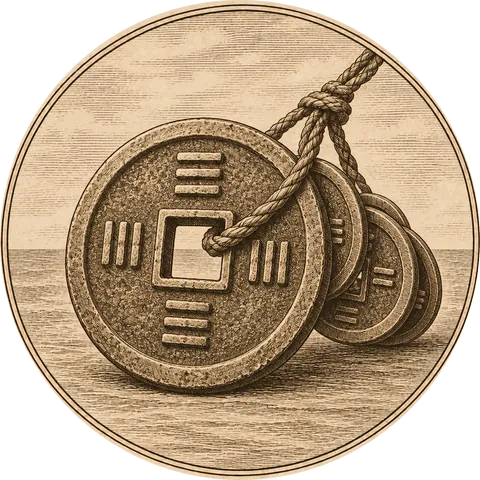A Coin of China: A round Chinese bronze coin with a square hole in the centre, threaded on a cord with others, four raised characters on its face drawn as marks that can't be read