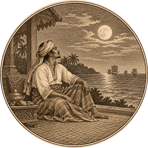 The Sultan’s Dream: Sultan al-Mansur of Tidore, barefoot, in a white shirt with embroidered cuffs, a cloth wrapped from waist to feet and a silk veil on his head, seated at night looking up at the moon while distant ships with square sails approach over the sea