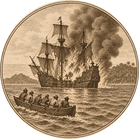 Embers of the Concepción: A 16th-century Spanish ship burning at anchor off a wooded island, flames and smoke rising from her hull, a longboat rowing away