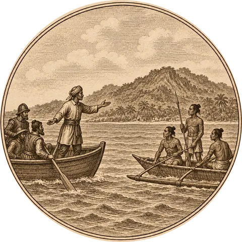 Enrique’s Voice: Enrique, Magellan's Malay interpreter, standing in a ship's boat and calling out to tattooed Visayan islanders in a small canoe, a green hilly island behind them