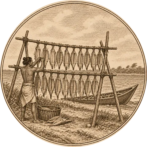 Dried Fish: Rows of split fish hanging to dry on a wooden rack on a windswept riverbank, a ship's boat pulled up on the shore
