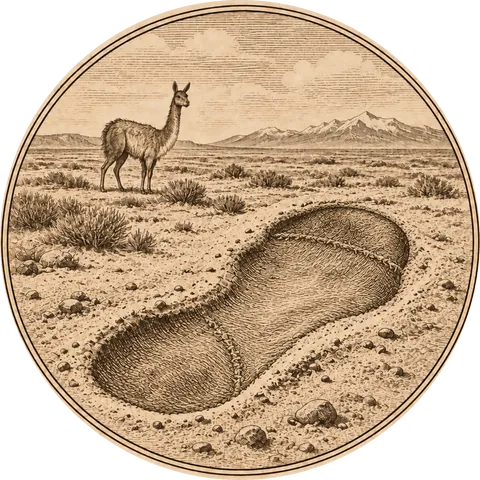 The Giant’s Footprint: A huge footprint in the sand left by a foot wrapped in guanaco hide, a guanaco watching from the dry Patagonian plain behind