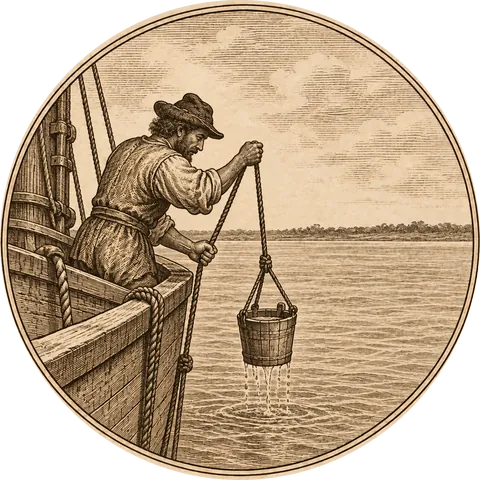 Fresh Water: A sailor at a ship's side hauling up a wooden bucket from a wide, calm, muddy estuary, a low flat shore far off