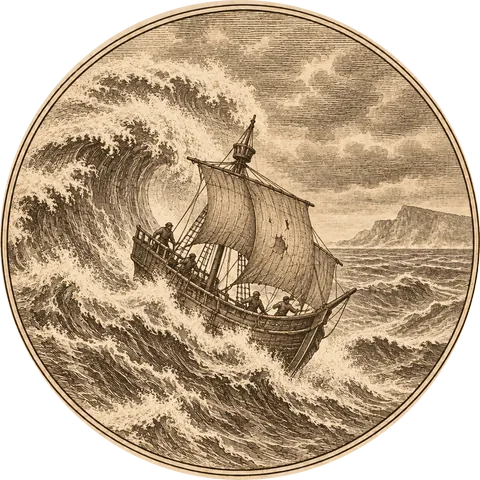 Living or Dead: A small battered ship climbing an enormous wave in a storm, a steep headland faint in the distance: the Cape of Good Hope