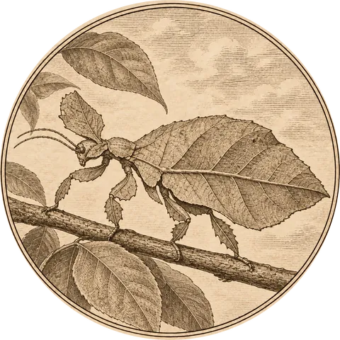 The Walking Leaf: A leaf insect walking along a twig, looking exactly like a leaf with veins, among a few real leaves