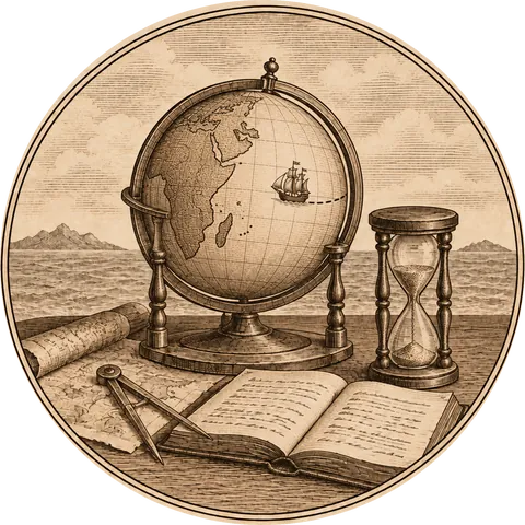 The Lost Day: A small globe on a stand with a tiny ship sailing round it, an hourglass beside it, and an open diary whose writing can't be read