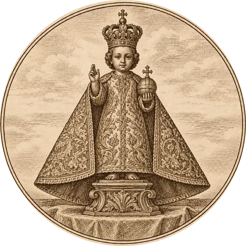 The Santo Niño: A small carved wooden statue of the Christ Child standing, crowned, in a long embroidered cape, holding an orb topped with a cross in one hand and raising the other in blessing