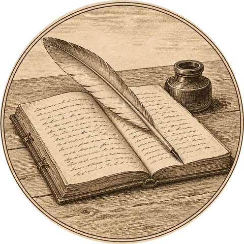 Pigafetta’s Pen: A goose-quill pen across an open journal whose pages are filled with lines of handwriting that can't be read, a small ink pot beside it on a ship's wooden table