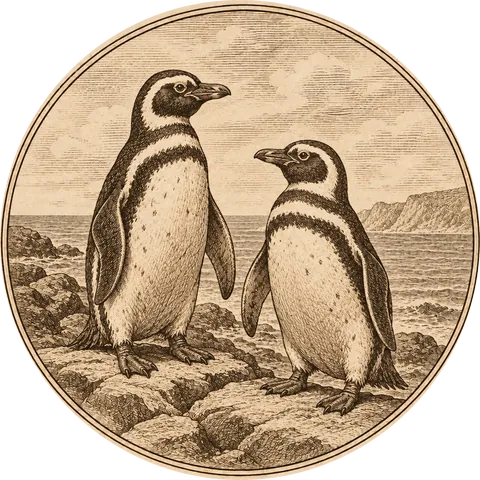 The Goose That Could Not Fly: Two Magellanic penguins on a rocky Patagonian shore, black and white with a band across the chest and short flipper wings, drawn like a 16th-century naturalist seeing them for the first time
