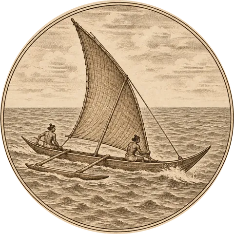 The Flying Proa: A Chamorro flying proa, an outrigger canoe with a woven triangular sail, skimming the open sea with two sailors aboard