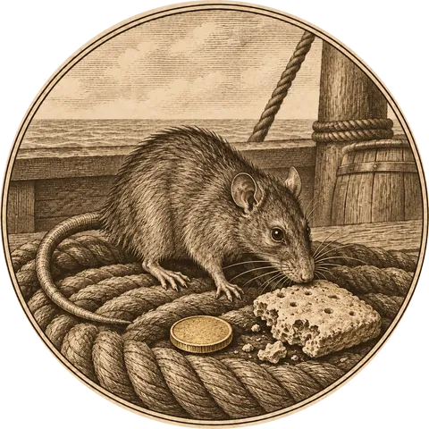 A Rat for Half a Ducat: A thin ship's rat on a coil of rope beside a worm-eaten ship's biscuit and a single gold ducat