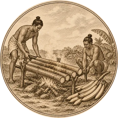 Rice in Bamboo: Lengths of green bamboo filled with rice roasting over a small fire, a bunch of very long bananas beside them