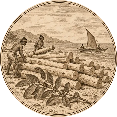 White Sandalwood: Logs of pale sandalwood stacked on a beach in Timor, a sandalwood branch in the foreground, a trading boat offshore