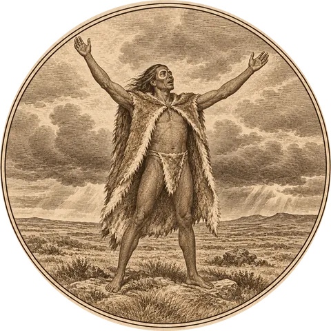 Setebos: A very tall Tehuelche man of Patagonia in a guanaco-skin cloak, face painted with rings around the eyes, calling out with raised arms under a wide stormy sky, calling on Setebos, his great spirit