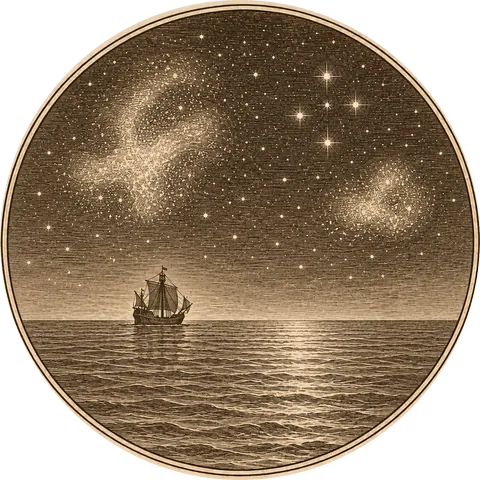 The Clouds of Stars: The southern night sky over a calm sea: two soft, hazy clouds of stars (the Magellanic Clouds) and a cross of five bright stars, in engraved dots and lines, a small ship on the horizon
