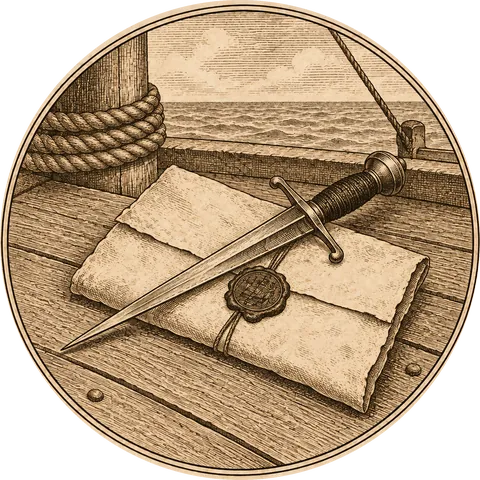 Magellan’s Summons: A folded letter closed with a wax seal, lying on a ship's deck planks with a dagger across it