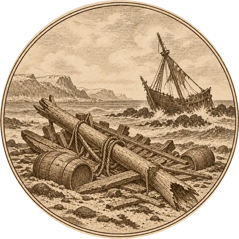The Santiago’s Timbers: Broken planks, barrels and a snapped mast washed up on a bare Patagonian beach, the wreck of a small ship on the rocks behind, a cold rough sea