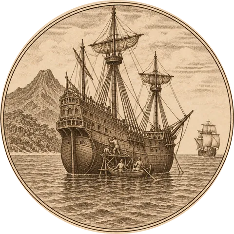 The Trinidad Stays Behind: A large Spanish ship at anchor off a steep volcanic island, men working on her hull, while a smaller ship sails away in the distance