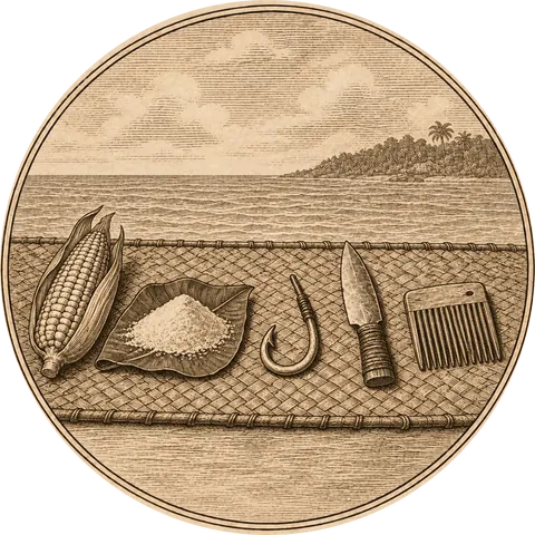 The First Word List: The first things Pigafetta learned the Brazilian words for, laid in a row on a woven mat: an ear of maize, a little heap of flour on a leaf, a fishhook, a knife and a comb
